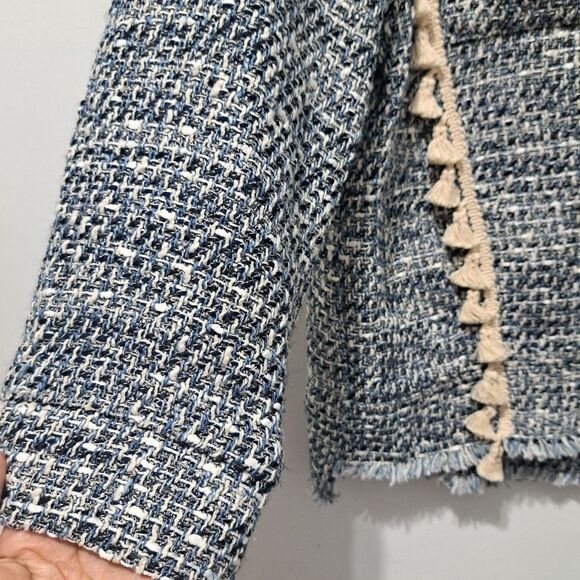 Zara Tweed Jacket Boho Western Tassel Pockets Medium Blue/White - Picture 11 of 16